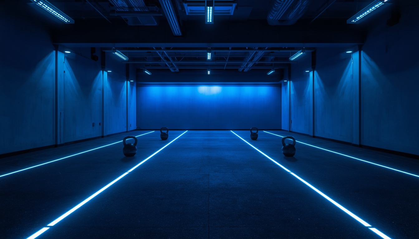 Open movement lab with kettlebells and training lanes bathed in blue light